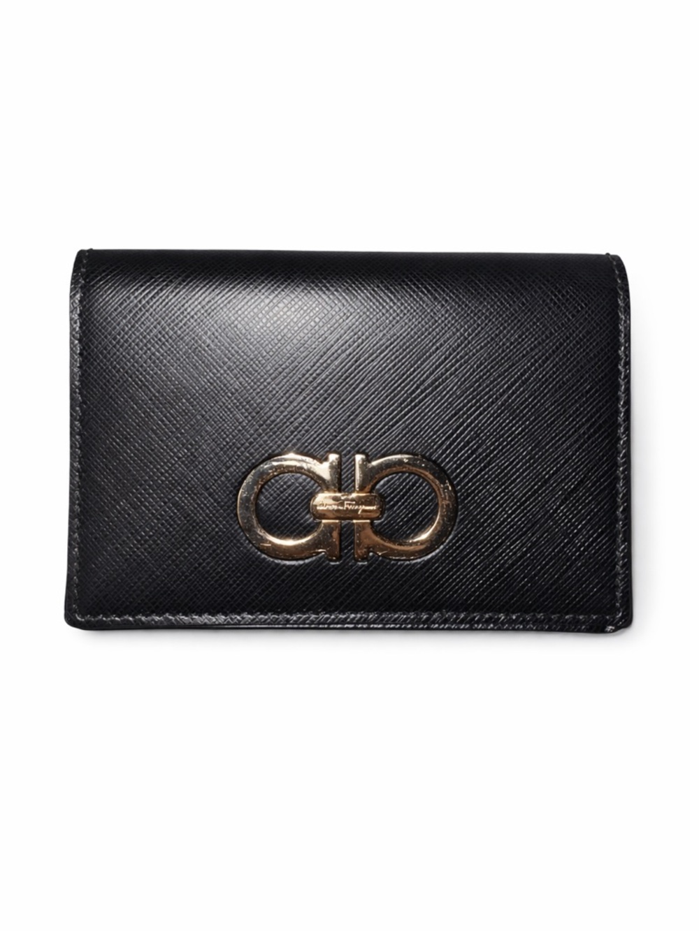 Salvatore Ferragamo Black Leather Card Holder with Silver Gancini